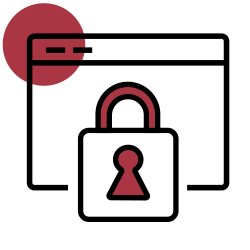 A red logo with a padlock and a red circle.
