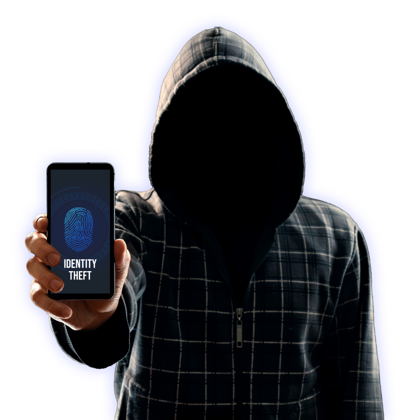 A man in a hoodie holding up a phone with a fingerprint on it.
