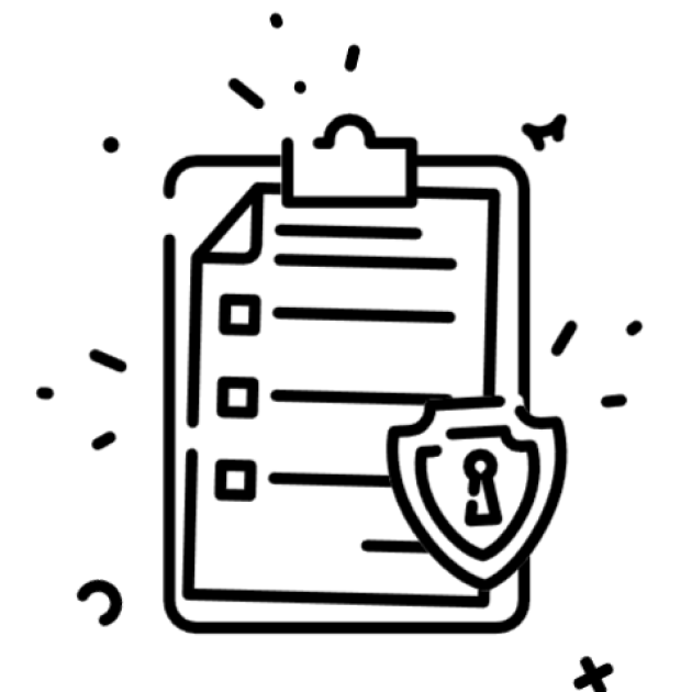 A line icon of a clipboard with a shield on it.