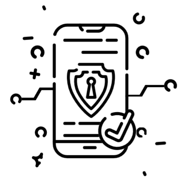 A line drawing of a phone with a shield on it.