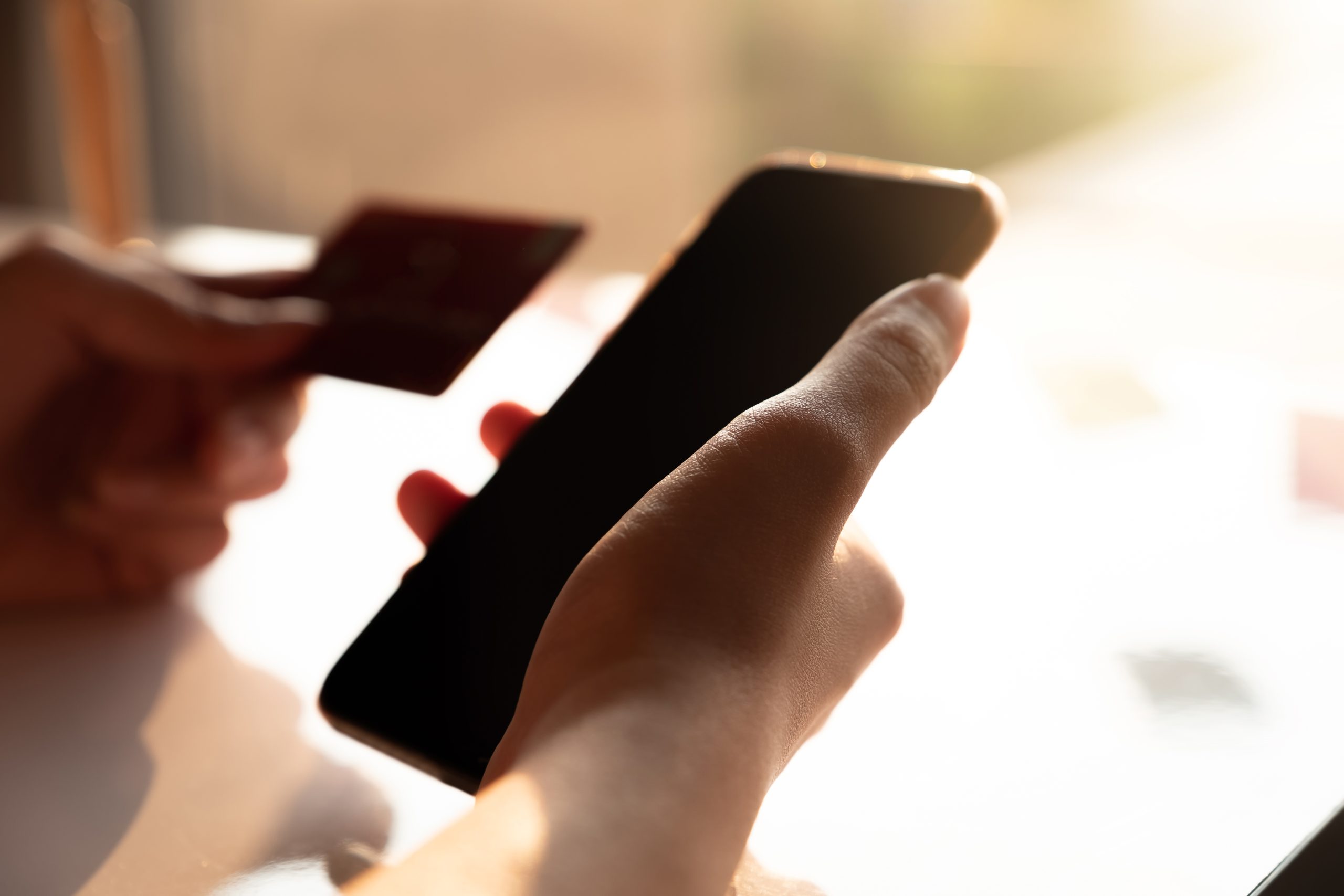 A hand holding a credit card and a smartphone.
